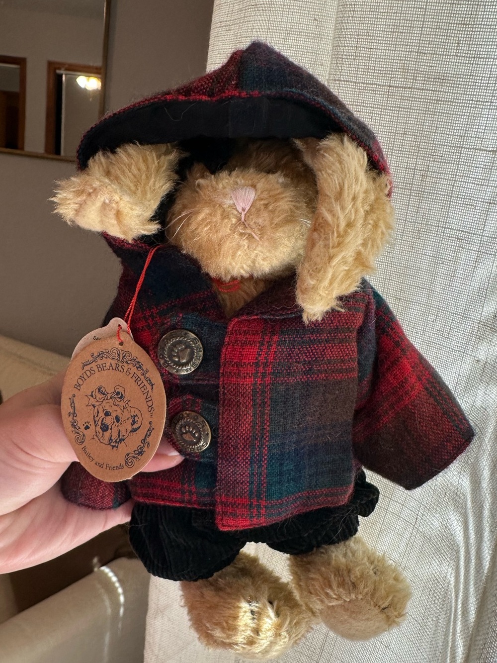 Boyds Plush Bunny in Red Plaid Hooded Jacket - Collectible Kids Toy